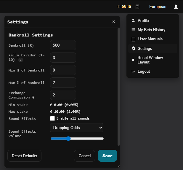 Bankroll settings screenshot